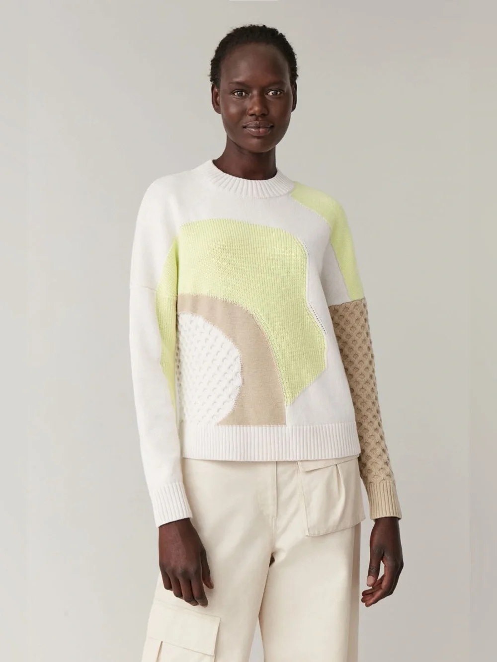 COS crewneck color block wool-cotton sweater with neon green detailing - Picture 3 of 12